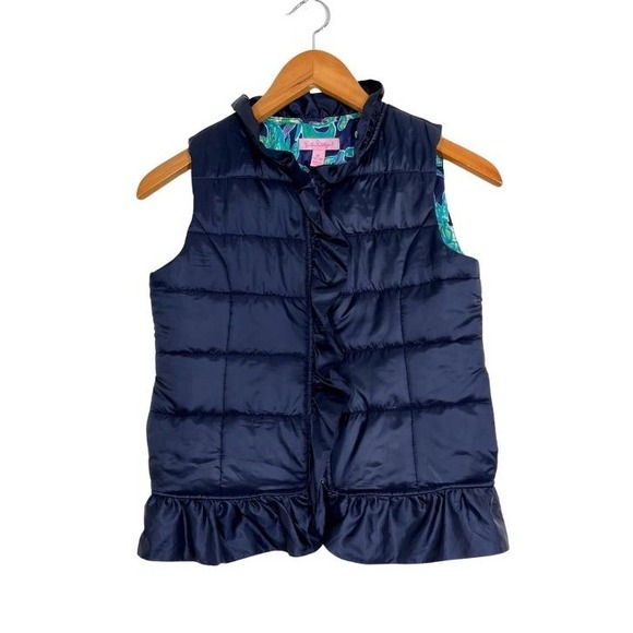Lilly Pulitzer Cypress Ruffle Girls XL (12–14) Navy Blue Puffer Vest Full Zip - Picture 1 of 9